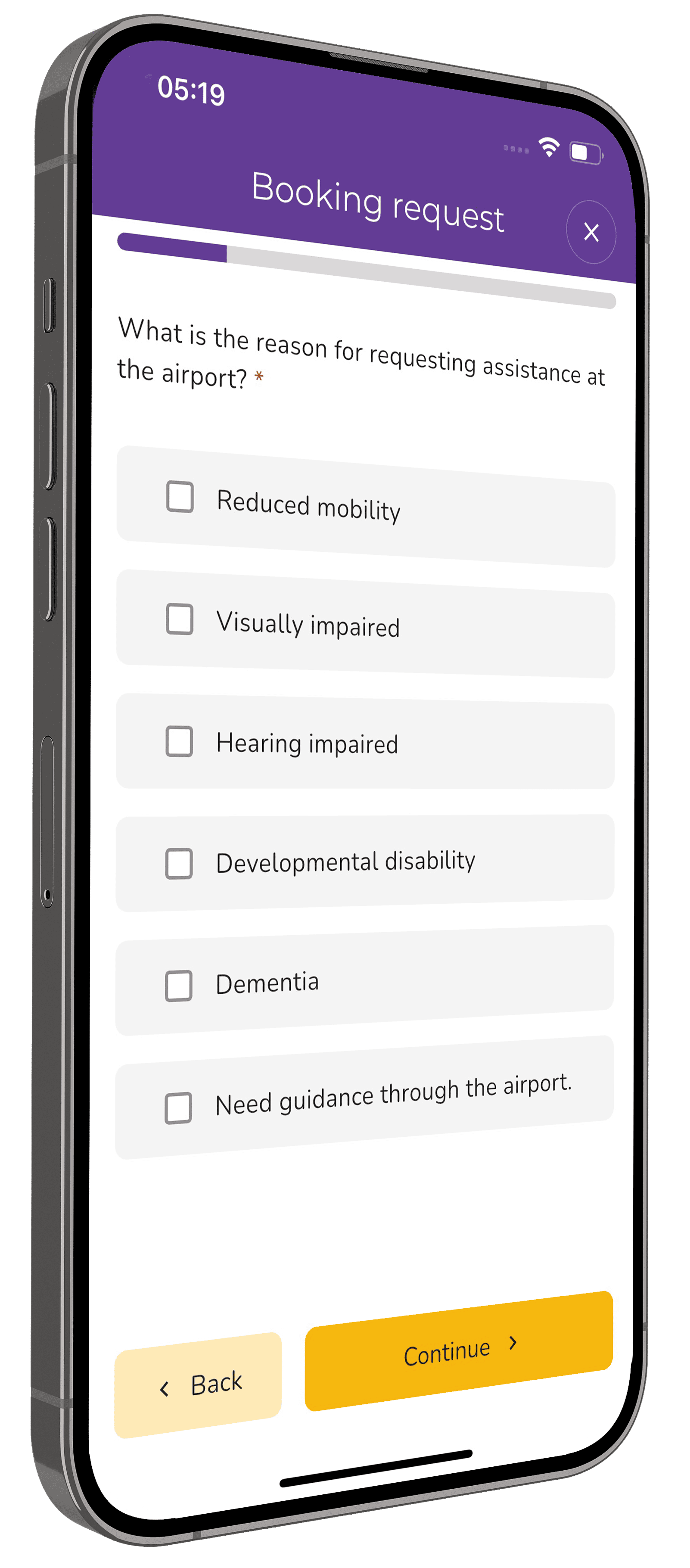 A smartphone screen showing the Purple Door app as a user books assisted travel at an airport. This particular screen requests the user to share why the need special assistance.